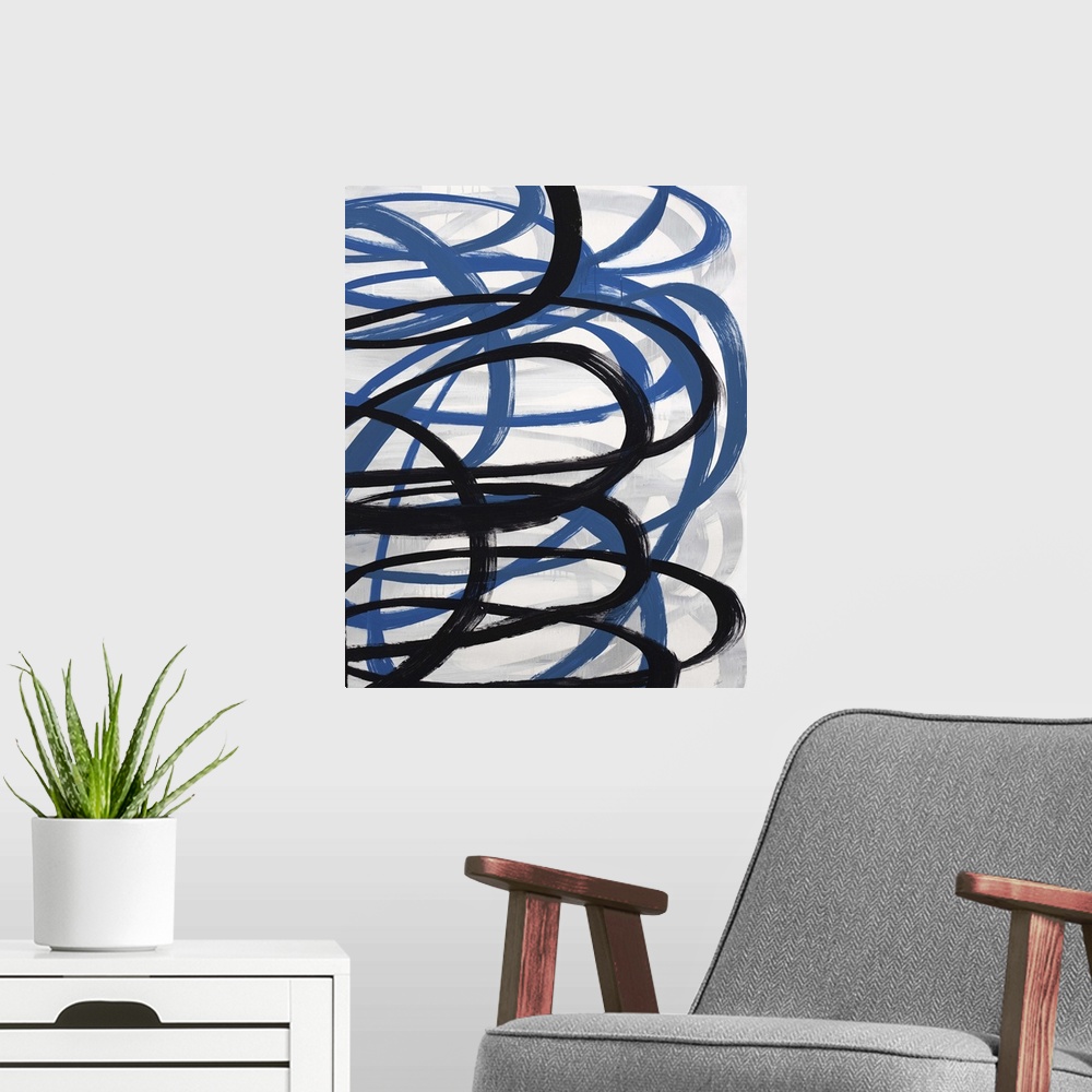A modern room featuring Contemporary abstract painting of a dark blue and black swirling lines against a neutral background.
