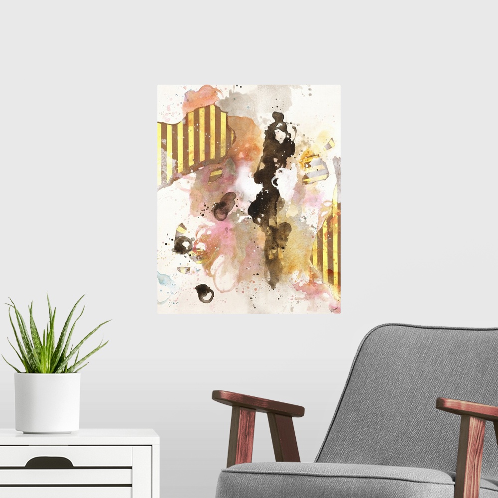 A modern room featuring Contemporary abstract art with black and pink splatters and striped collage elements.