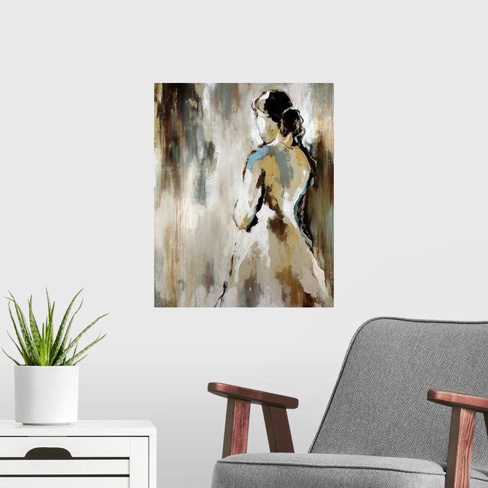 A modern room featuring Giant abstract painting of a woman leaning against a wall in a dress looking the other way with a...