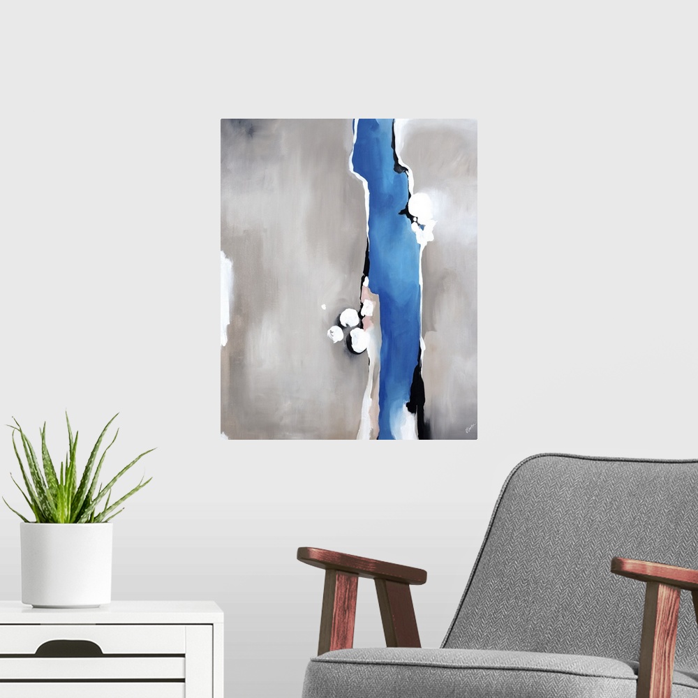 A modern room featuring Contemporary abstract painting with a gray background and bright blue vertical line moving from t...