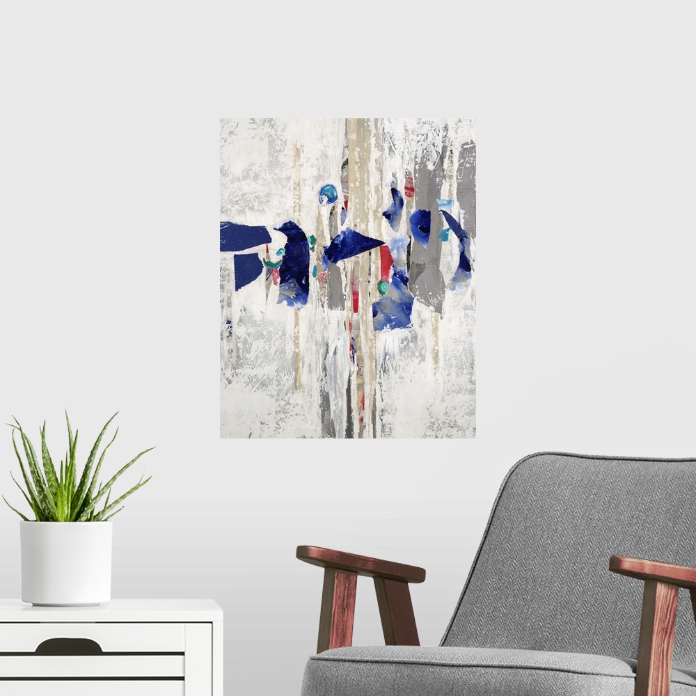 A modern room featuring Contemporary abstract painting using fragmented vibrant geometric shapes against a neutral distre...