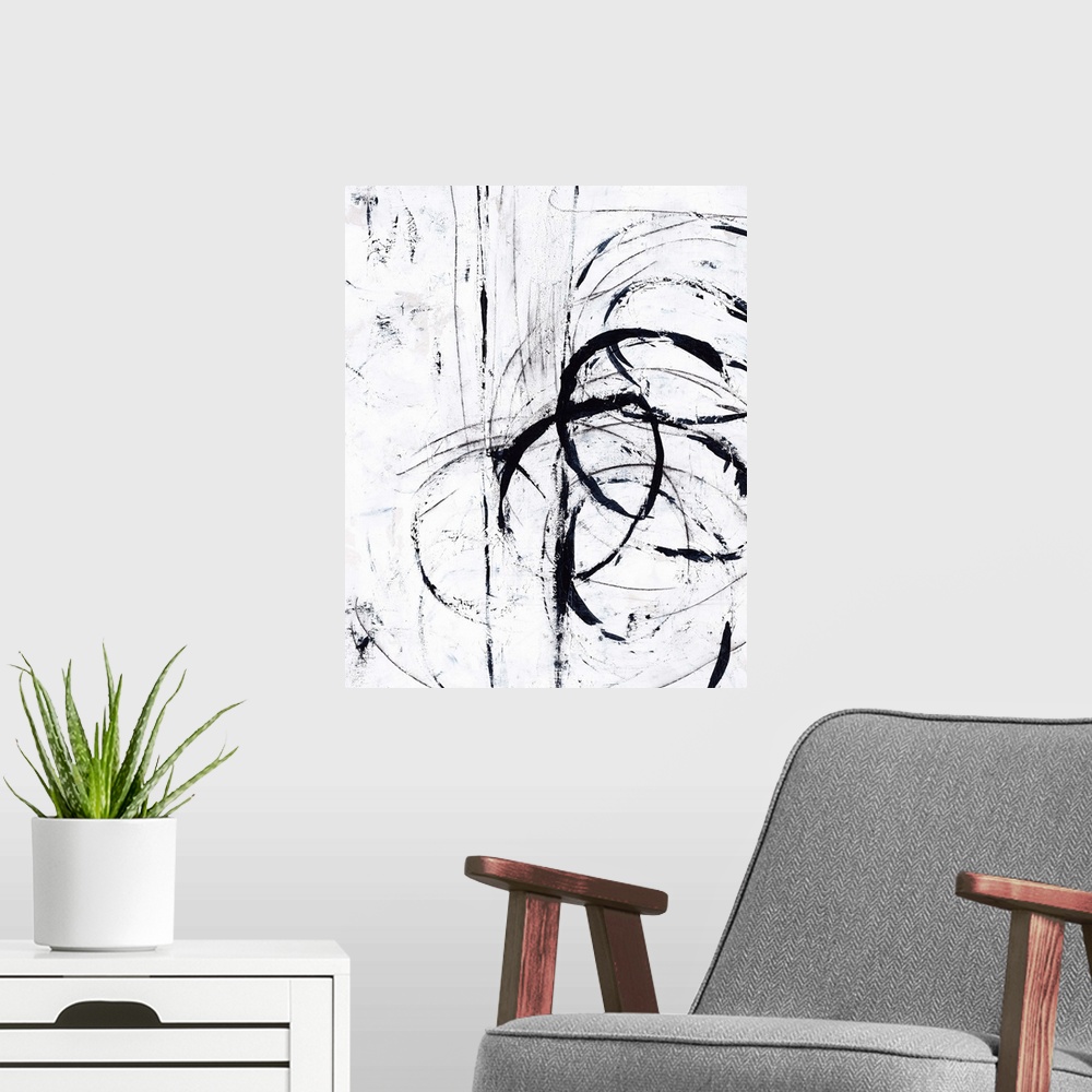 A modern room featuring Contemporary abstract painting using bold black lines against a white surface.