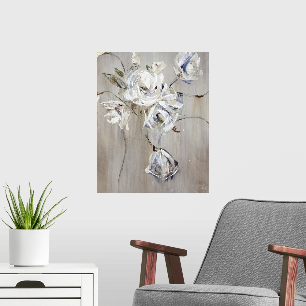 A modern room featuring A textured painting of an arrangement of white flowers in a vase.