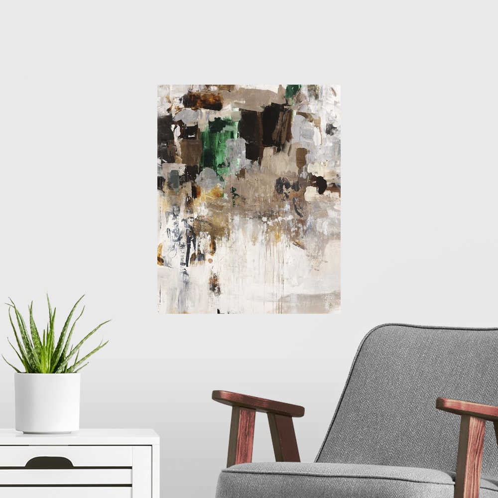 A modern room featuring Contemporary abstract painting using dark and light earth tones with pops of green.
