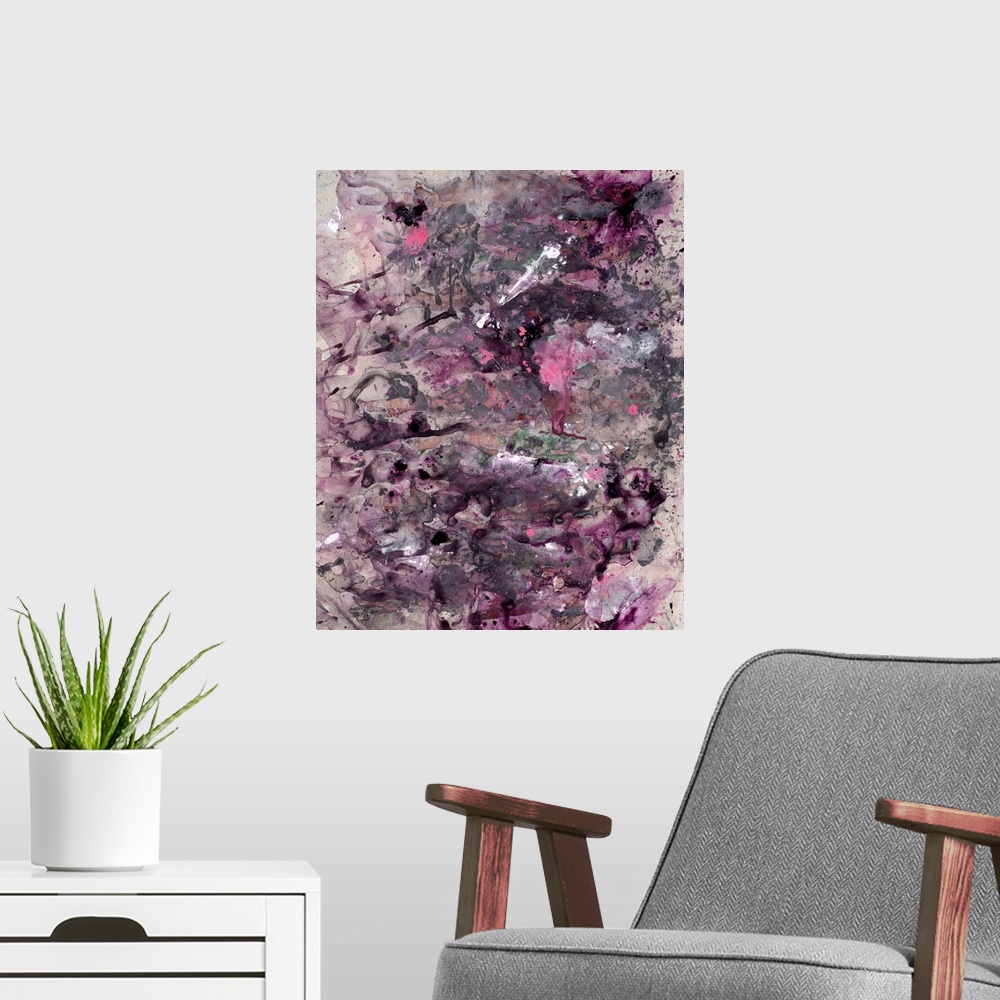 A modern room featuring Contemporary abstract painting consisting of pink, purple, and black paint splatter design on a b...