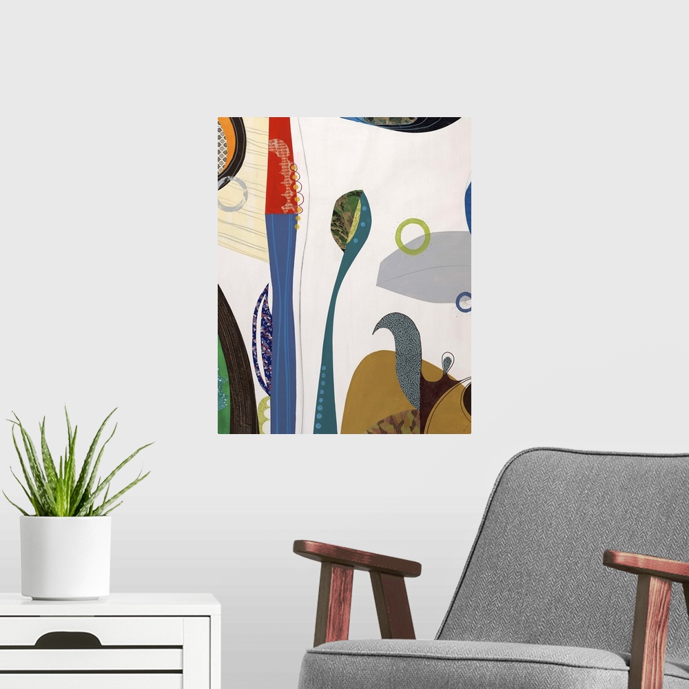 A modern room featuring Abstract painting with a mid-century feel of bold colors in organic and geometric shapes.