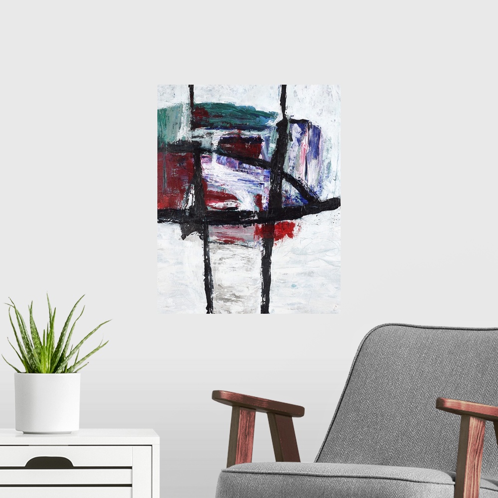 A modern room featuring Dark contemporary abstract painting with a ball of color at the top and thick black lines running...