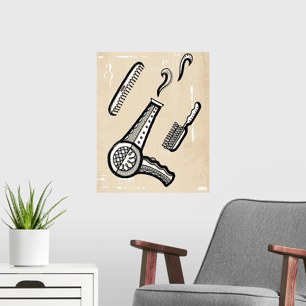 A modern room featuring 1960's vintage style wall art of a hair dryer and hair brush illustrated in black pen and ink lin...