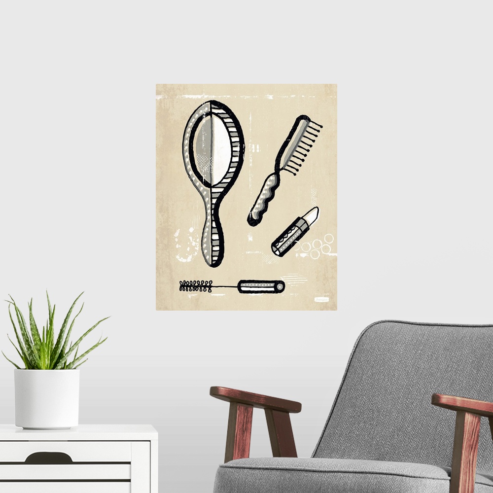 A modern room featuring 1960's vintage style wall art of cosmetics illustrated in black pen and ink line on distressed se...