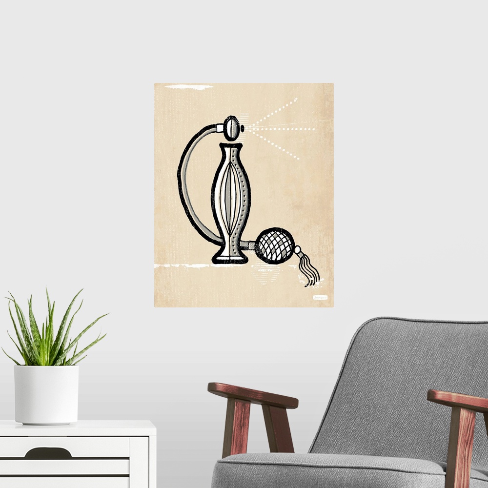 A modern room featuring 1960's vintage style wall art of perfume illustrated in black pen and ink line on distressed sepi...
