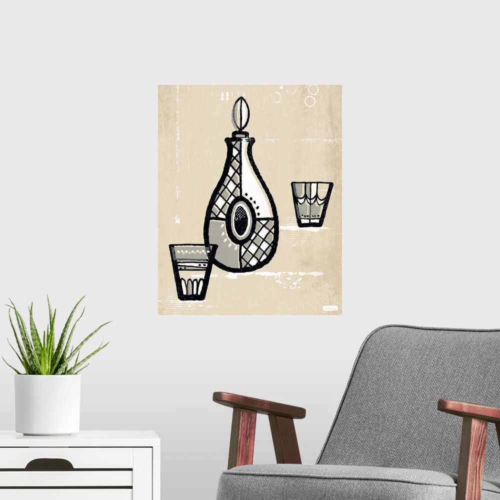 A modern room featuring 1960's vintage style wall art of bottle of scotch and two glasses illustrated in black pen and in...