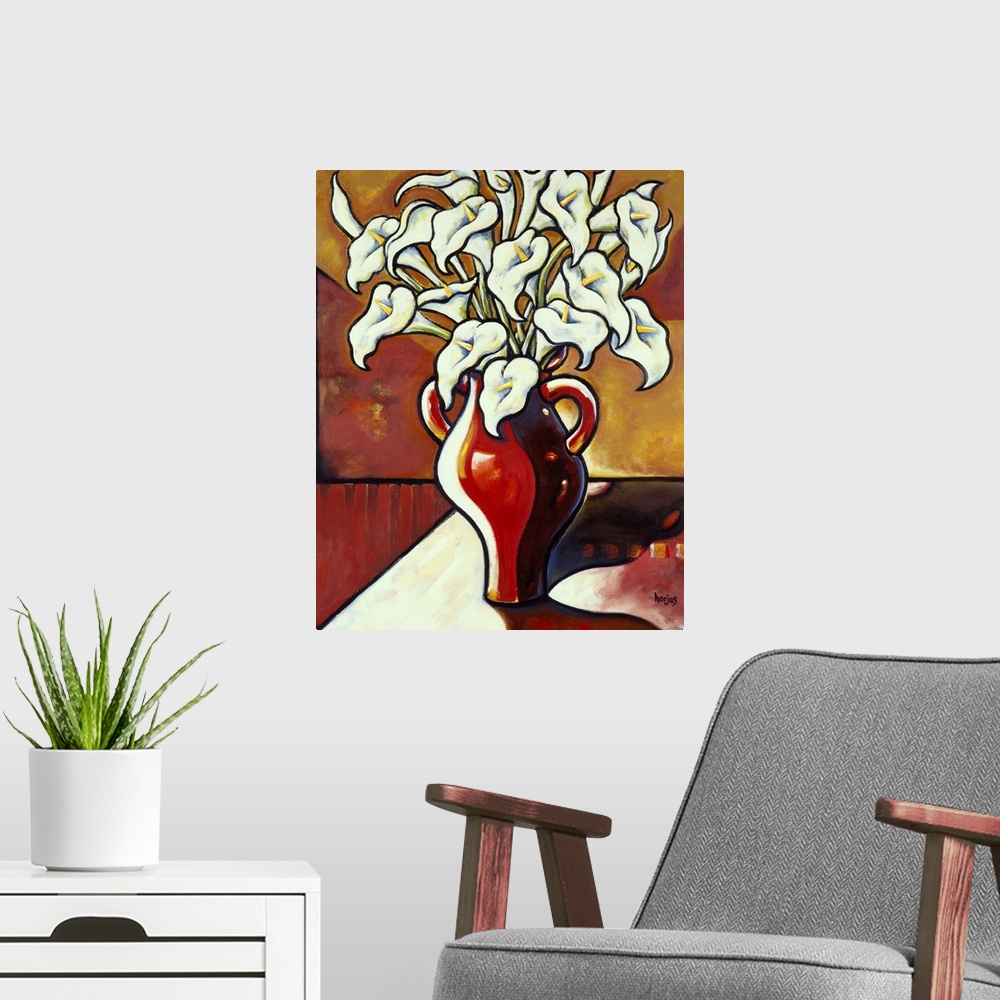A modern room featuring A painting of a large bouquet of white lilies in a large red vase.