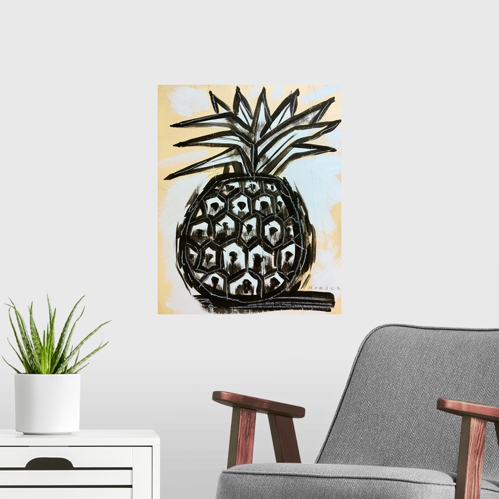 A modern room featuring Pineapple painted in a simple graphic brush strokes, in black and white, on light background.