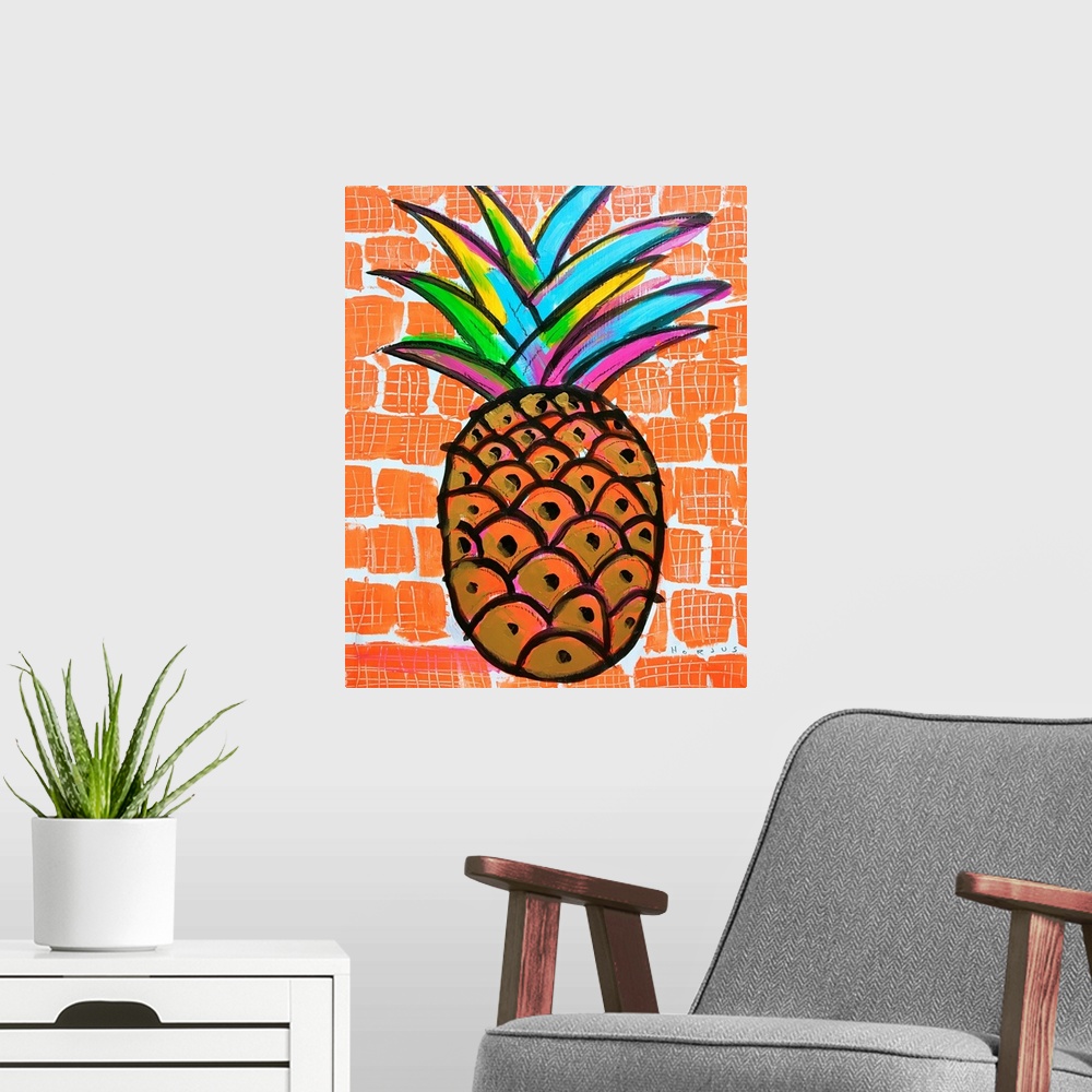 A modern room featuring Pineapple painted gold and black with a rainbow burst of colors on the leaves on an orange backgr...