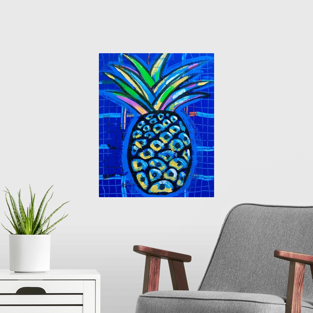 A modern room featuring Pineapple painted in vibrant multi-colors on a midnight blue background.