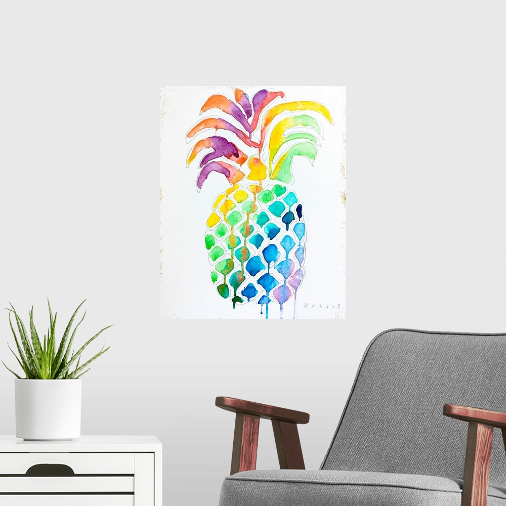 A modern room featuring Pineapple with drippy watercolor rainbow colors and patterns on its body and leaves.