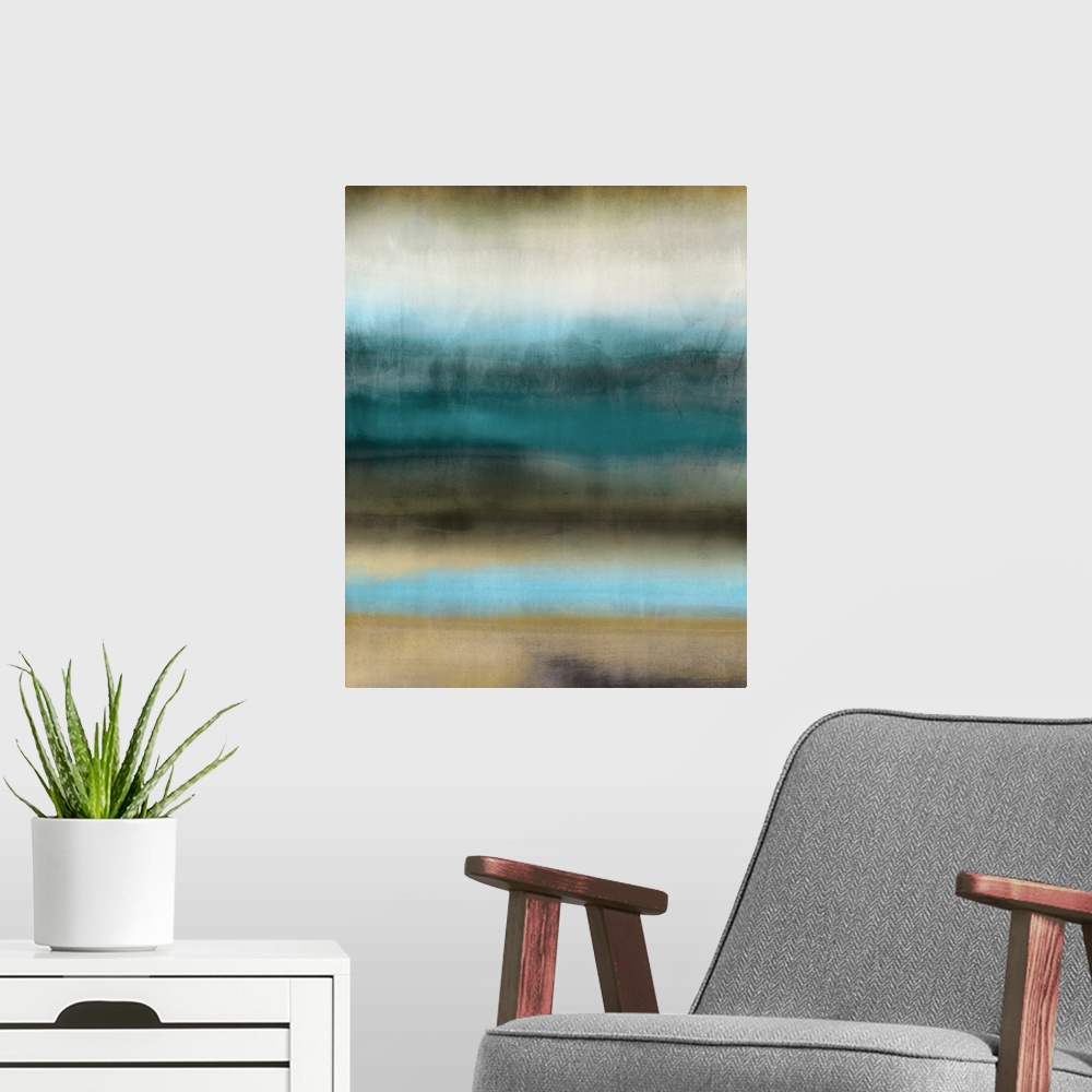 A modern room featuring Abstract painting in soft blue and brown tones blending together.