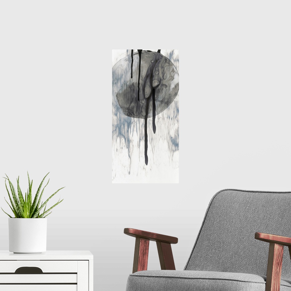 A modern room featuring A long vertical painting of washed circular designs with black lines with gray drips of paint.