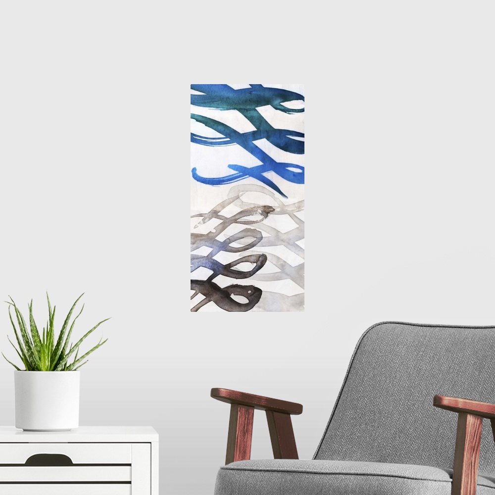 A modern room featuring Contemporary abstract home decor art using organic shapes and vibrant watercolors.