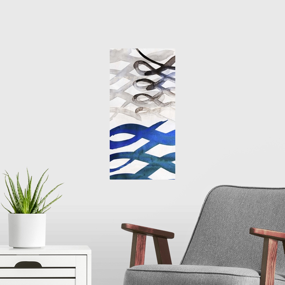A modern room featuring Contemporary abstract home decor art using organic shapes and vibrant watercolors.