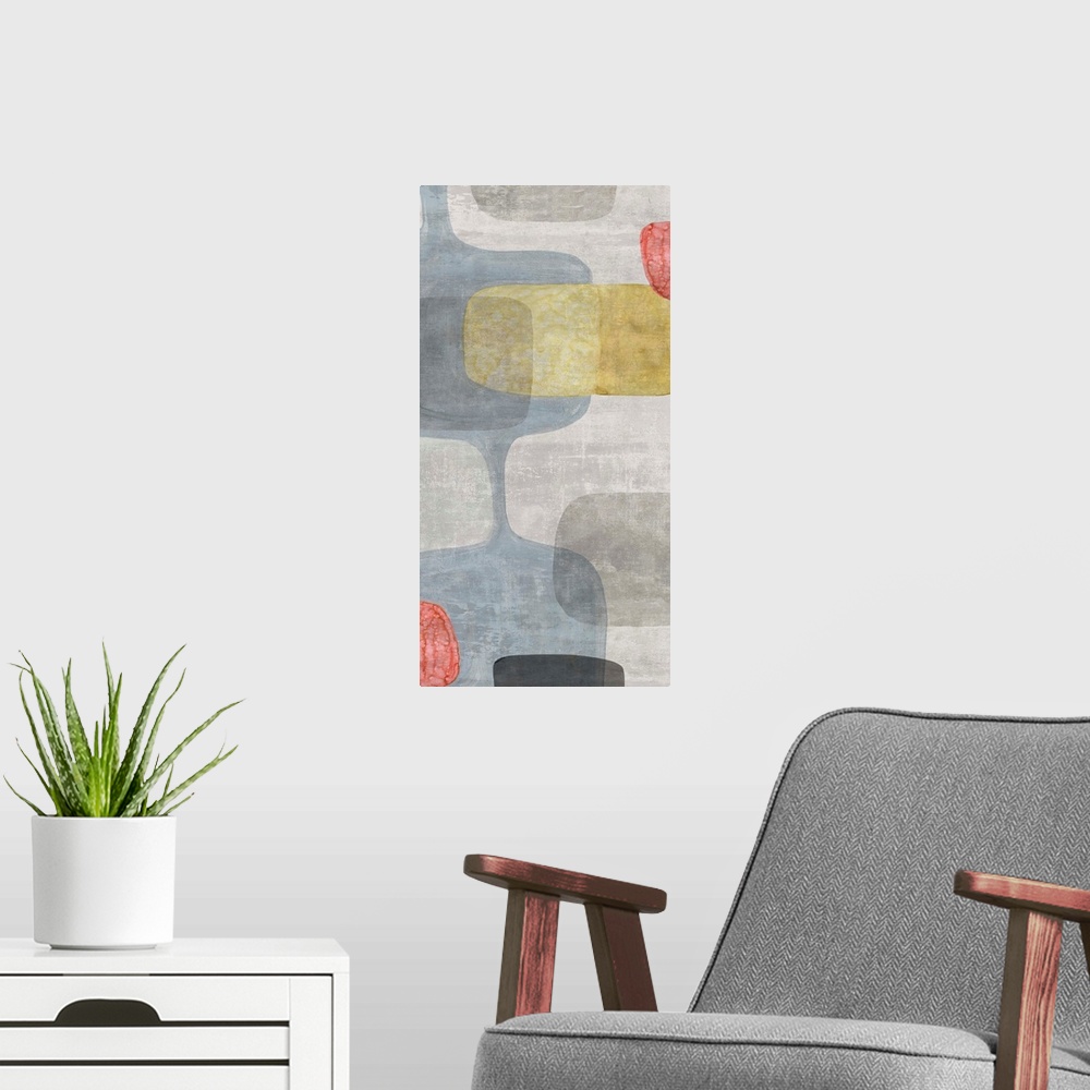A modern room featuring Abstract panel painting with retro design in blue, gray, yellow, and red hues.