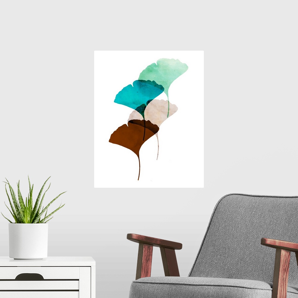 A modern room featuring Retro style watercolor painting of leaf shapes in blues and oranges.