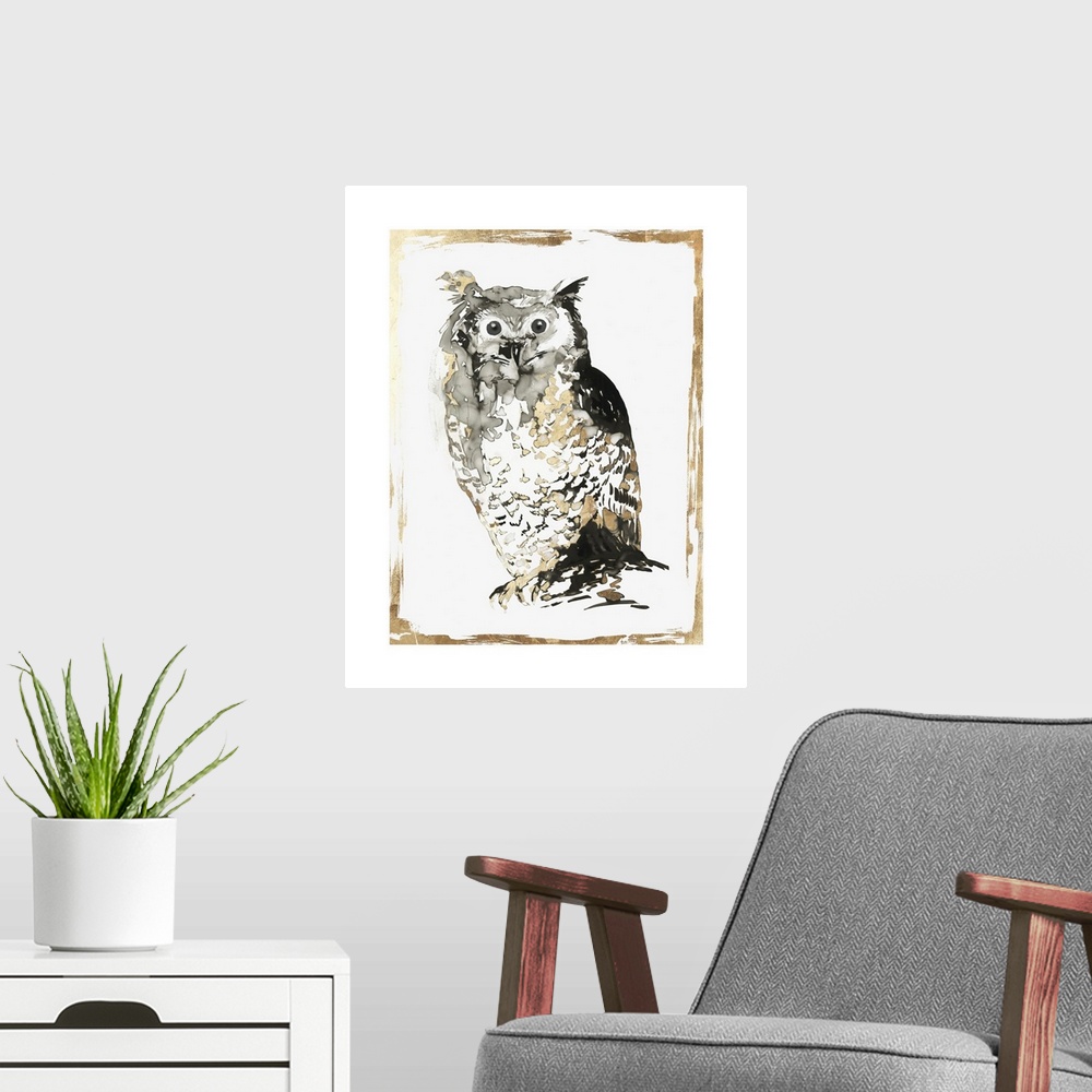 A modern room featuring Glamorous owl decor in black, white, and gold.