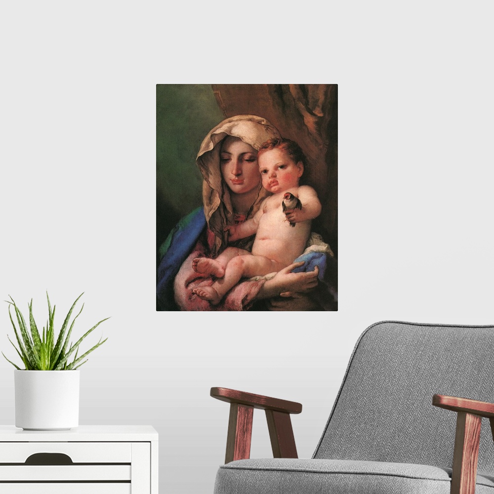 A modern room featuring Madonna of the Goldfinch