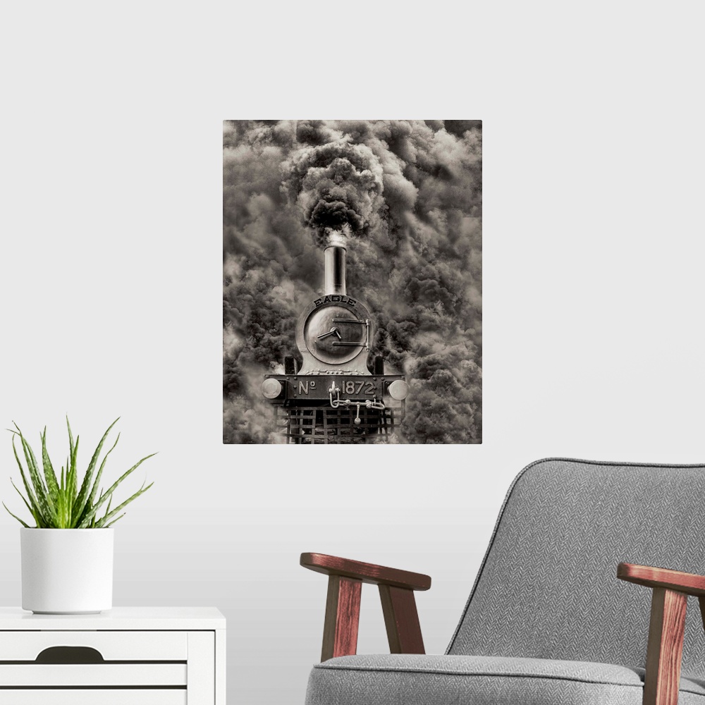 A modern room featuring Locomotive with black smoke billowing out of its smokestack.
