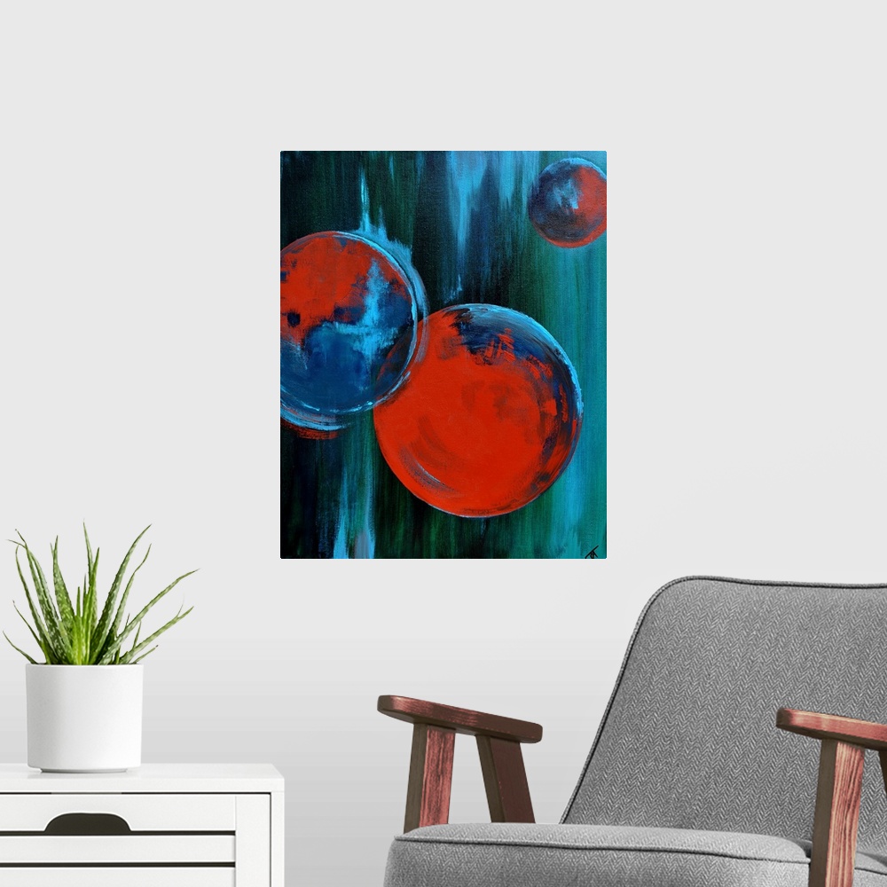 A modern room featuring Abstract painting of circles and bold strokes of paint in colors of blue, black and red.