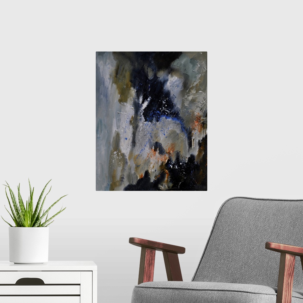 A modern room featuring Abstract painting of colors of gray, brown and blue with hints of orange in textured brush stroke...
