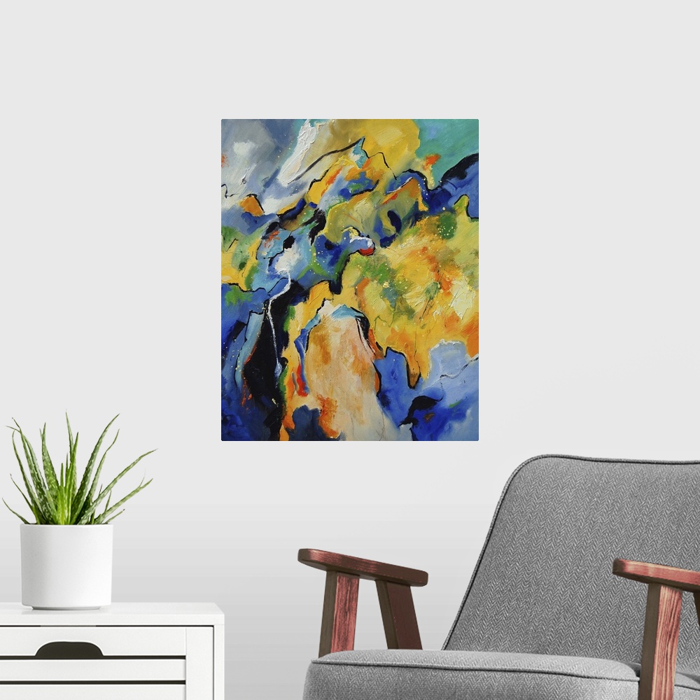 A modern room featuring A vertical abstract painting with deep colors of blue, green and yellow.