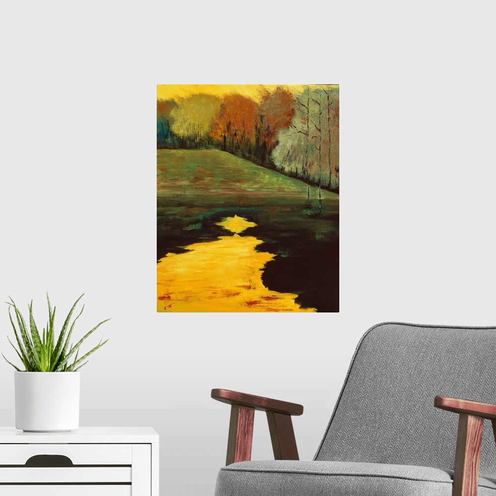 A modern room featuring A contemporary landscape of a field and trees next to a lake in warm autumn colors.