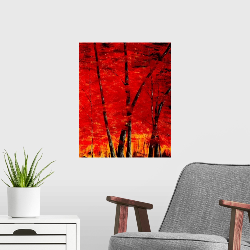 A modern room featuring A intense contemporary painting of trees in a forest, with leaves of red and yellow.