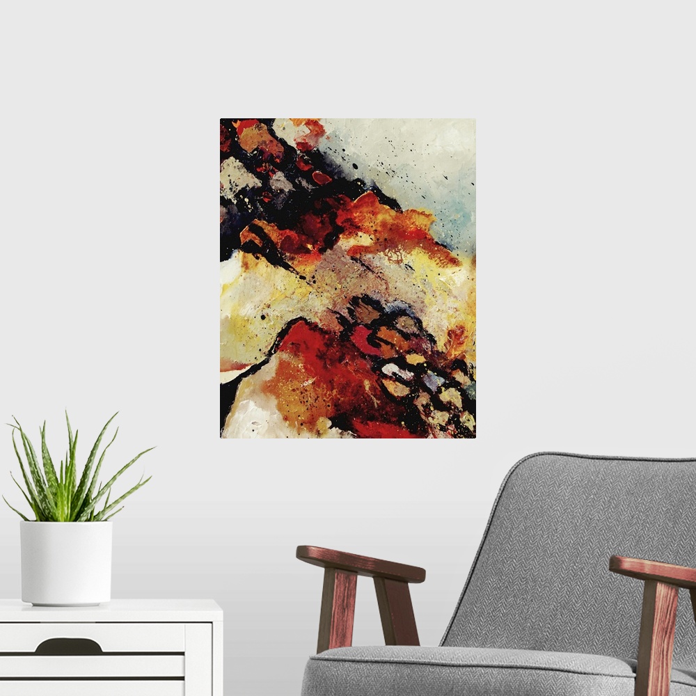 A modern room featuring A vertical abstract painting with deep colors of red, orange and yellow.