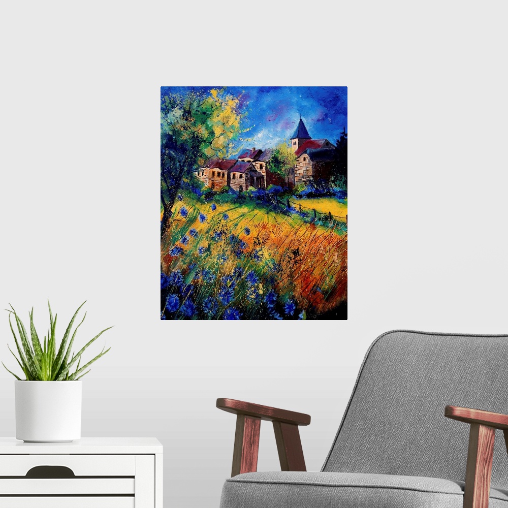 A modern room featuring A contemporary painting of Awayne with a filed of beautiful flowers in bloom.  Awagne is a Belgia...