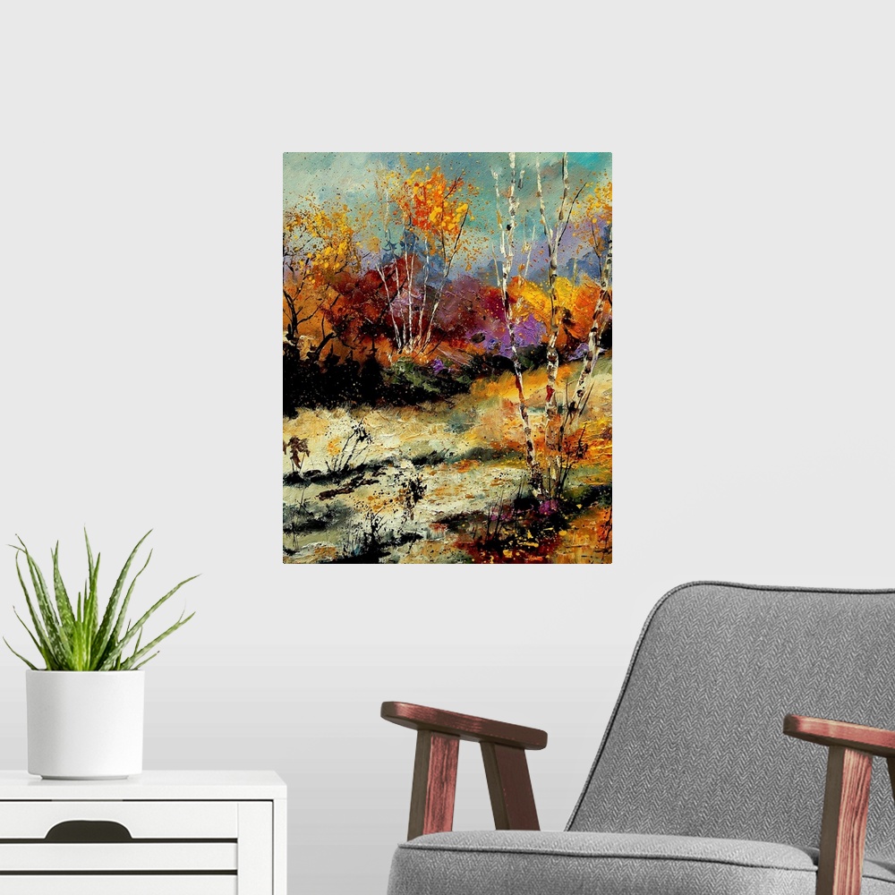 A modern room featuring Vertical painting of a forest of colorful birch trees in the fall.