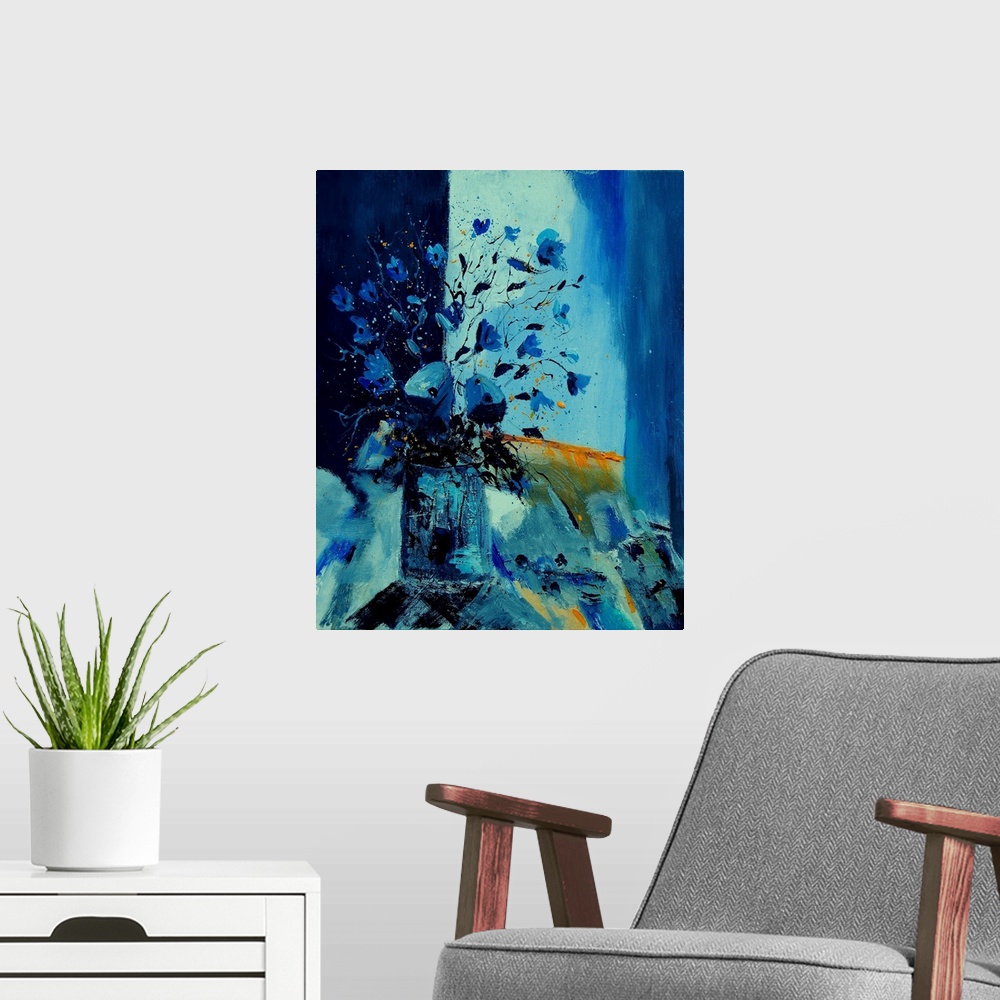 A modern room featuring Vertical painting of a vase of flowers in varies shades of blue tones.