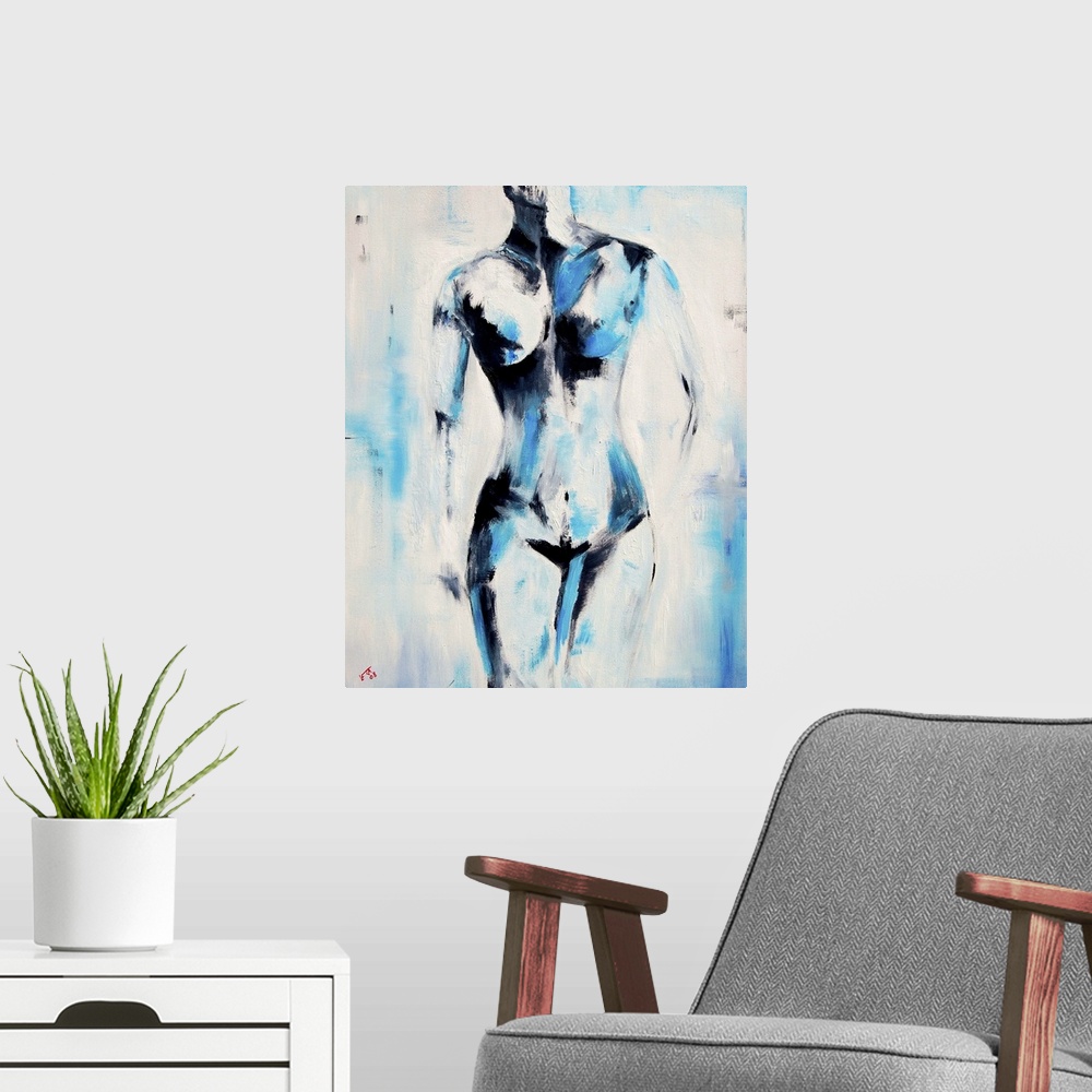 A modern room featuring Vertical painting of a nude woman from the neck down in textured shades of blue.