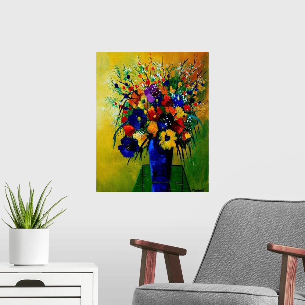 A modern room featuring Contemporary painting of a colorful bouquet of flowers in a blue vase on a green and yellow backg...