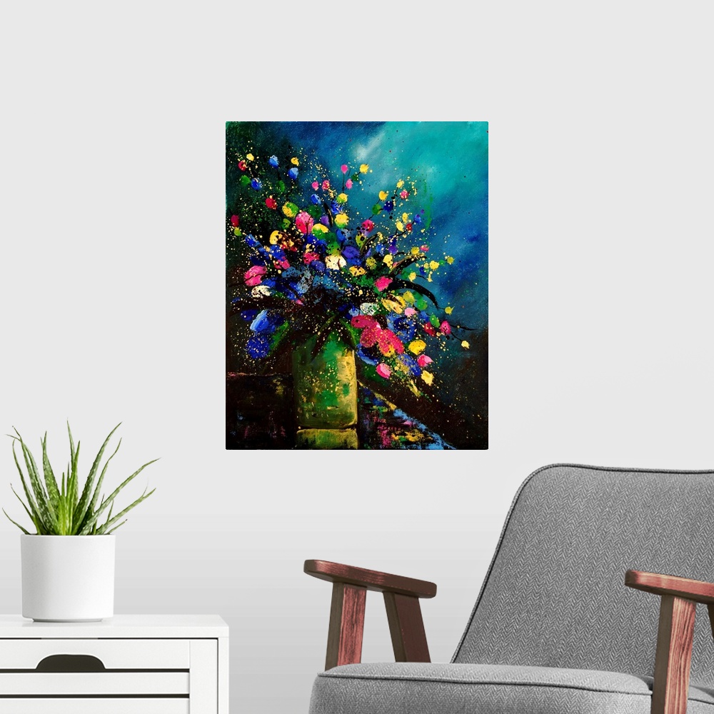 A modern room featuring Vertical painting of a vase full of vibrant colored flowers against of blue and teal backdrop.