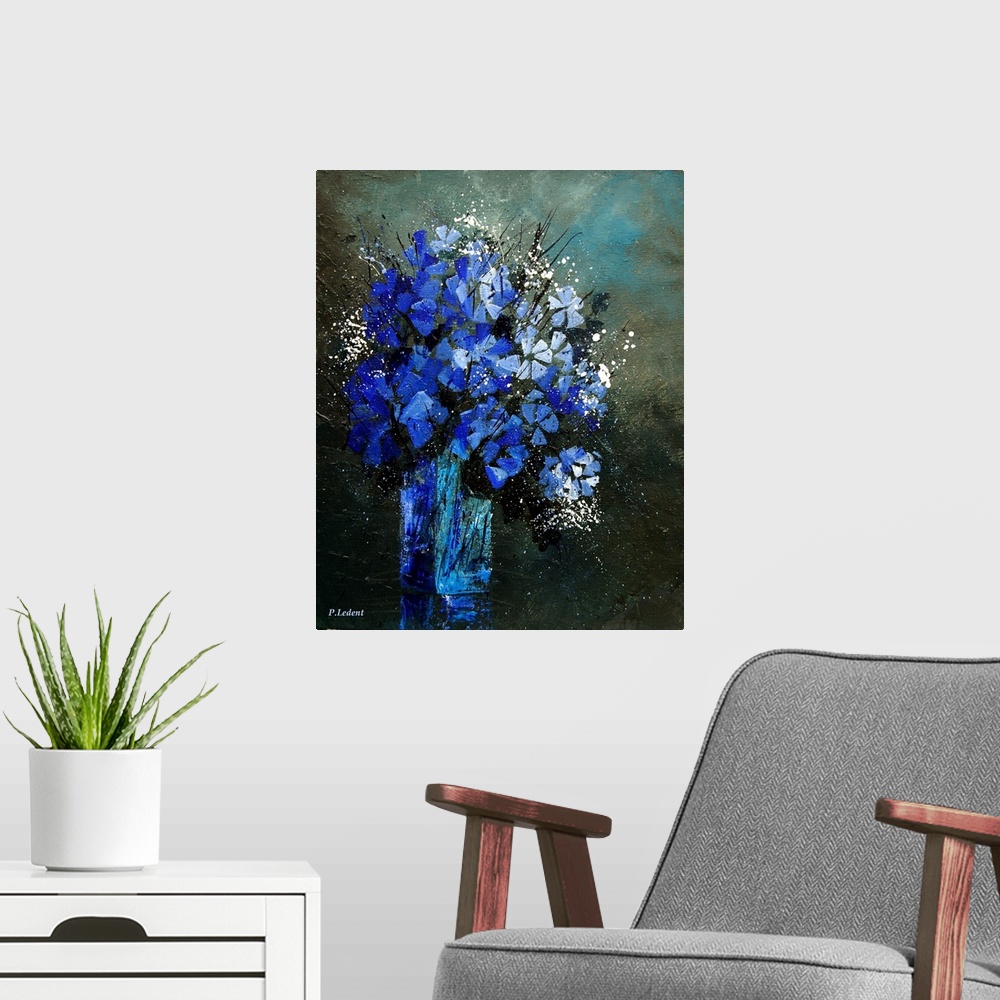 A modern room featuring Contemporary painting of a vase of blue and white flowers against a neutral backdrop.