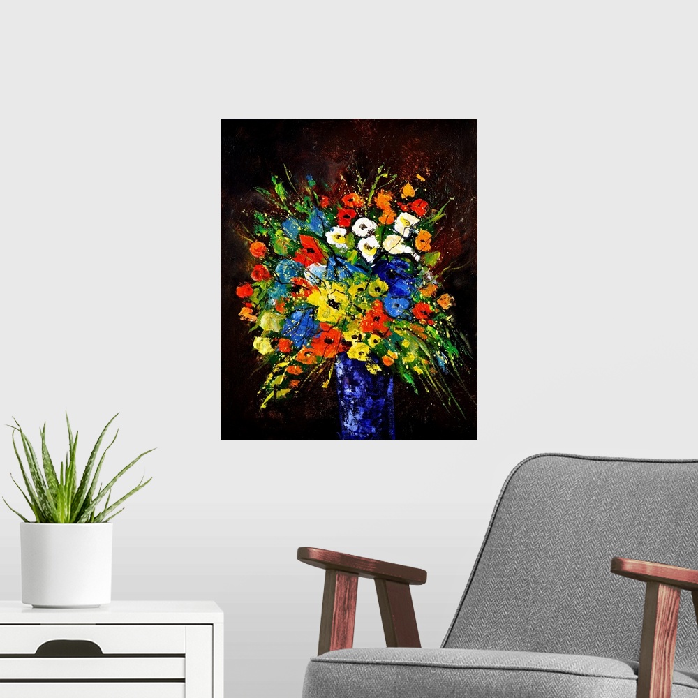 A modern room featuring Contemporary painting of a vase of multi-colored flowers against a black backdrop.