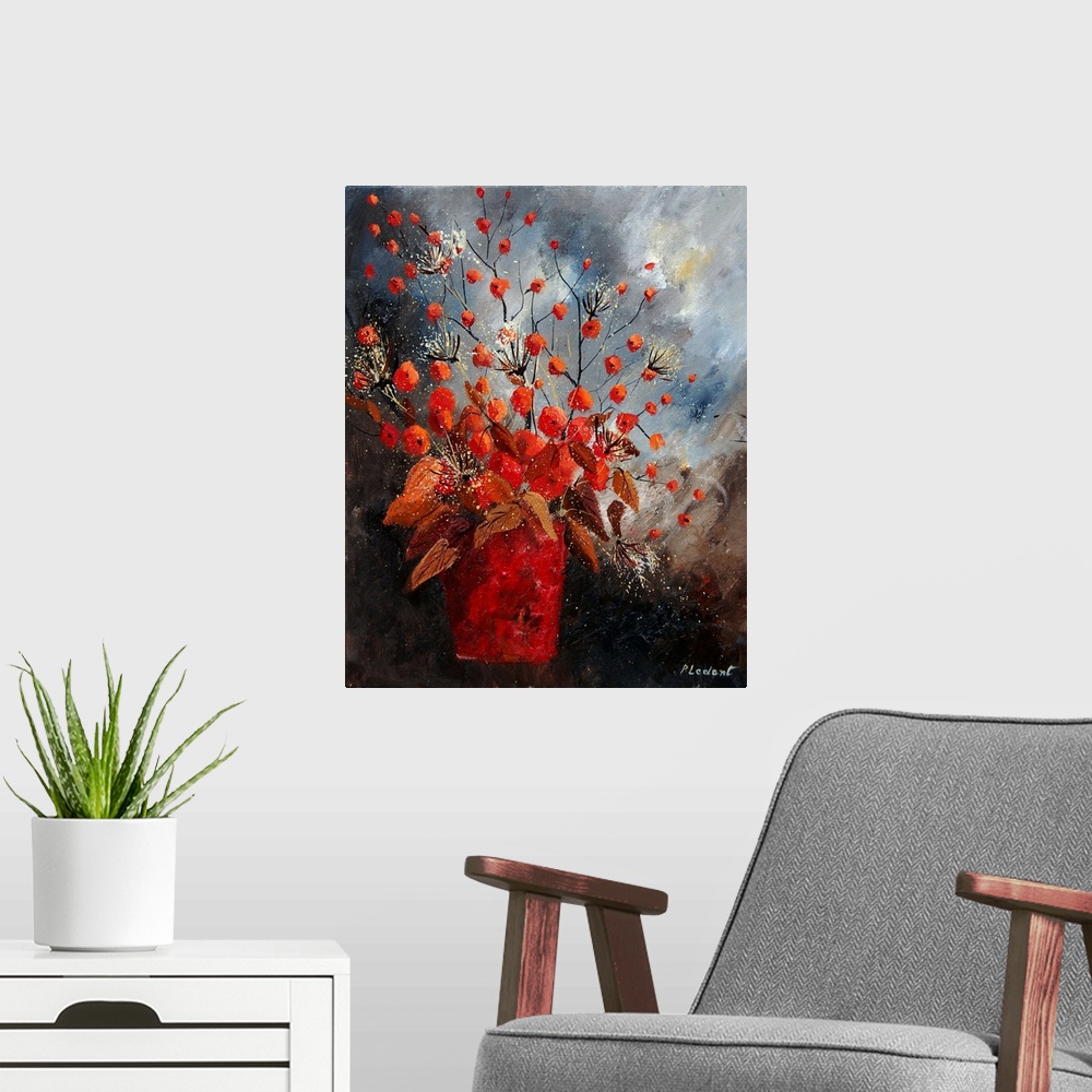 A modern room featuring Contemporary painting of a vase of red and white flowers against a neutral backdrop.