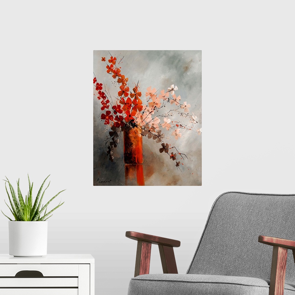 A modern room featuring Contemporary painting of a vase of red and peach flowers against a neutral backdrop.