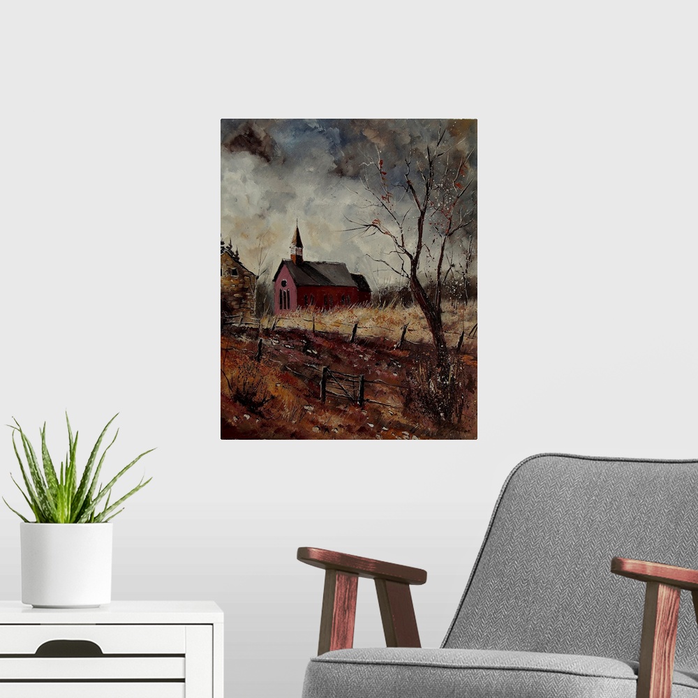 A modern room featuring Vertical painting of the Chapel Of Herhet in dark earth tones.