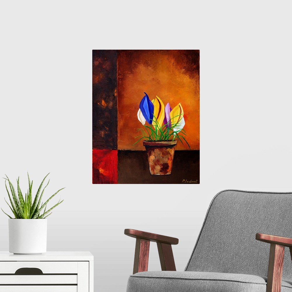 A modern room featuring Vertical painting of a flower pot filled with multi-colored flowers on a brown background.