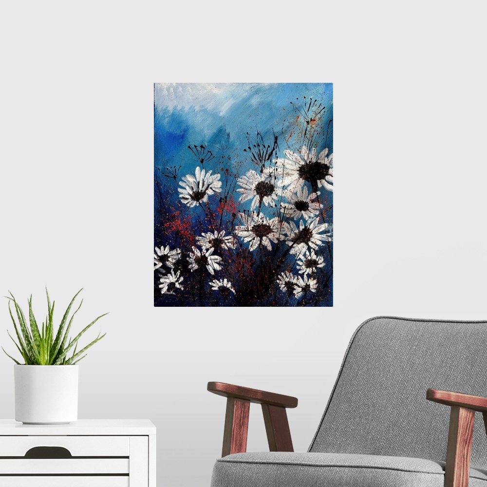 A modern room featuring Vertical painting of a group of white daises in front of a blue backdrop.