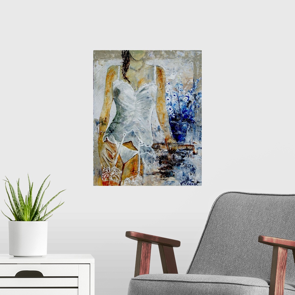 A modern room featuring A painting of a woman wearing white lingerie standing next to a vase of blue flowers.