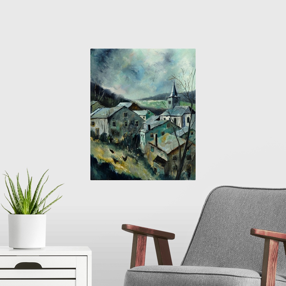 A modern room featuring Vertical painting of the small village of Dohan, Belgium in muted tones.